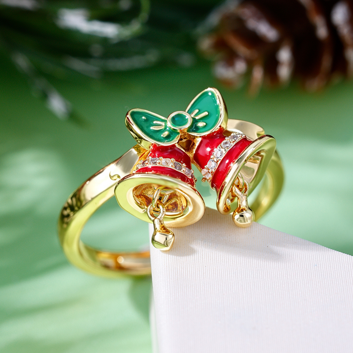 Women's Christmas-Themed Bell Ring, Copper Open Ring